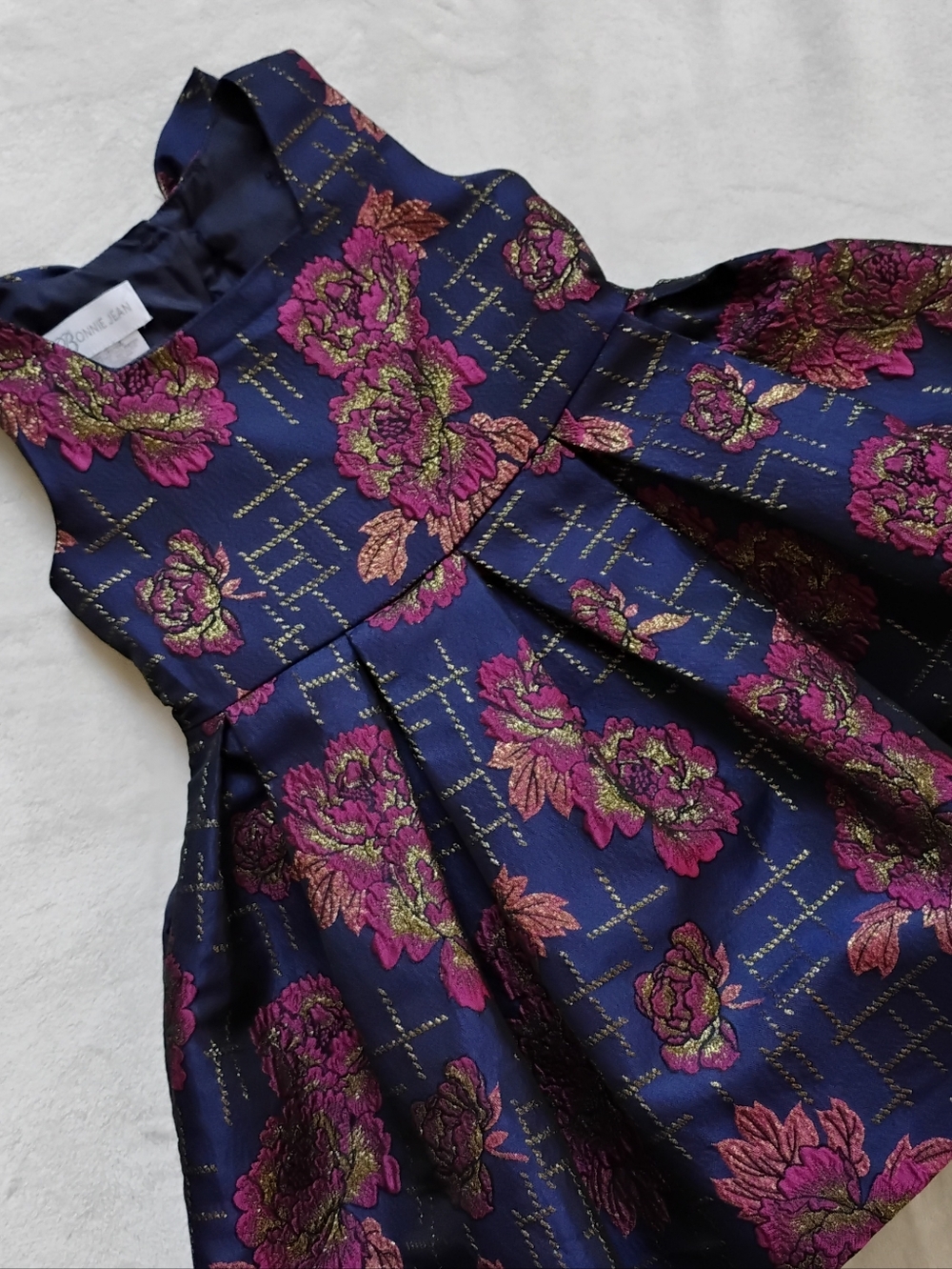 Beautiful Navy Burgundy & Gold Floral Jacquard Dress | Special Occasion | 2T